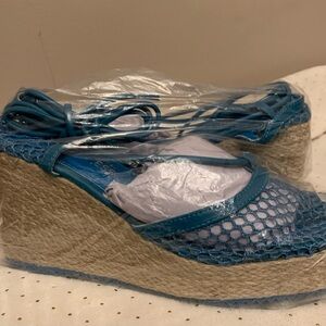 PLT NEW Net/Crochet blue tie up wedge heels